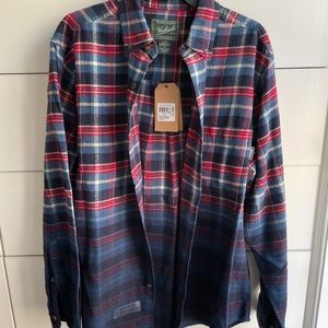 Woolrich Men’s L Estate Blue Plaid Dip-Dye Trout Run Button-Up Modern Fit NWT